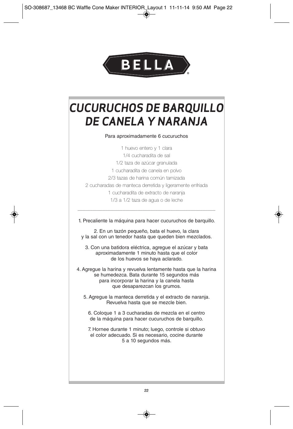 Cucuruchos de barquillo de canela y naranja | BELLA 13468 Waffle Cone Maker User Manual | Page 22 / 28