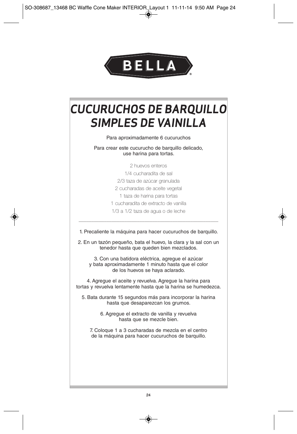 Cucuruchos de barquillo simples de vainilla | BELLA 13468 Waffle Cone Maker User Manual | Page 24 / 28