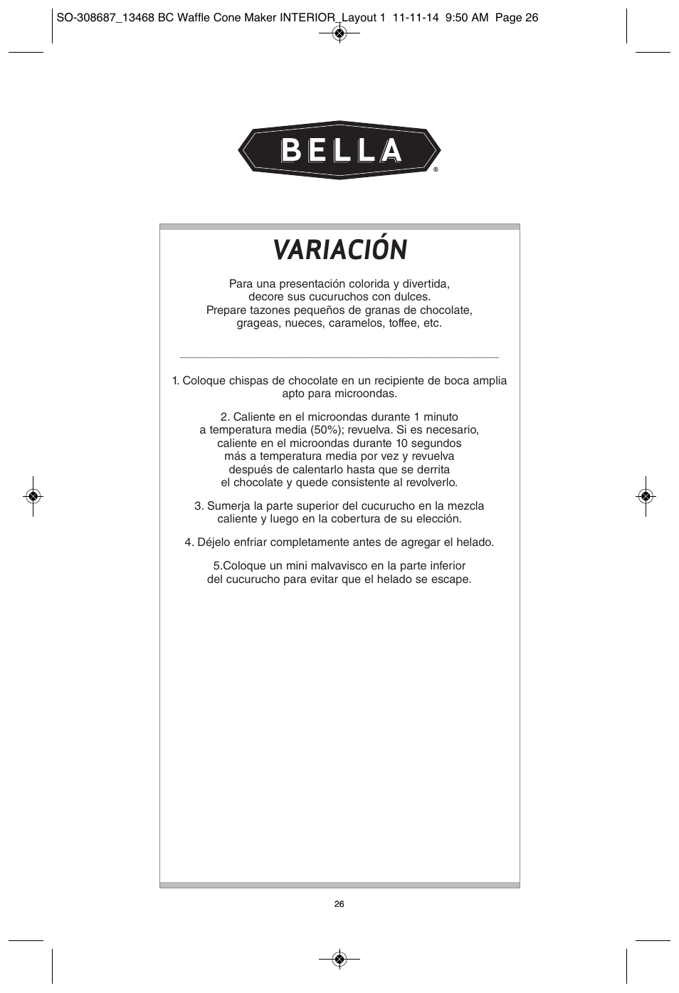 Variación | BELLA 13468 Waffle Cone Maker User Manual | Page 26 / 28