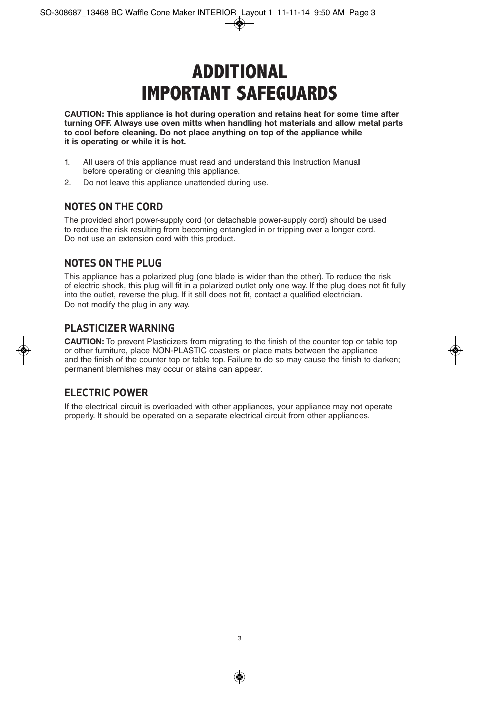 Additional important safeguards | BELLA 13468 Waffle Cone Maker User Manual | Page 3 / 28