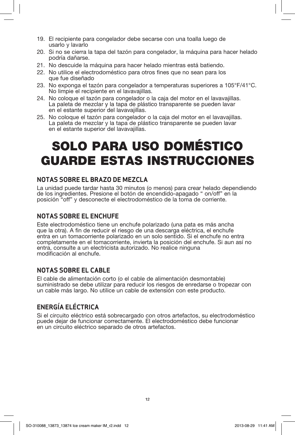 Solo para uso doméstico guarde estas instrucciones | BELLA 13873 1.5QT Ice Cream Maker User Manual | Page 14 / 24