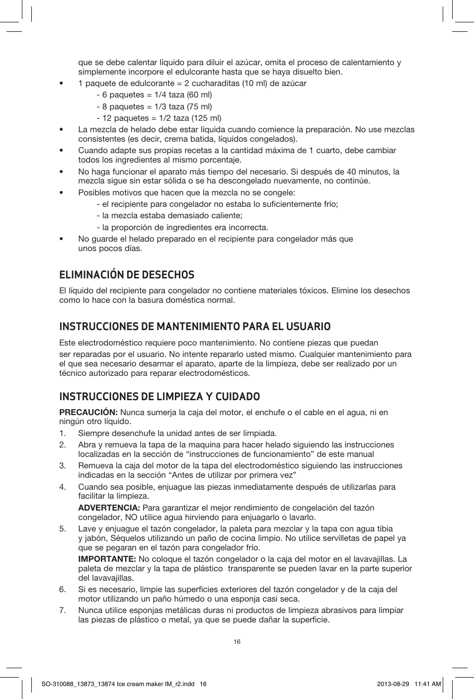 Eliminación de desechos, Instrucciones de mantenimiento para el usuario, Instrucciones de limpieza y cuidado | BELLA 13873 1.5QT Ice Cream Maker User Manual | Page 18 / 24