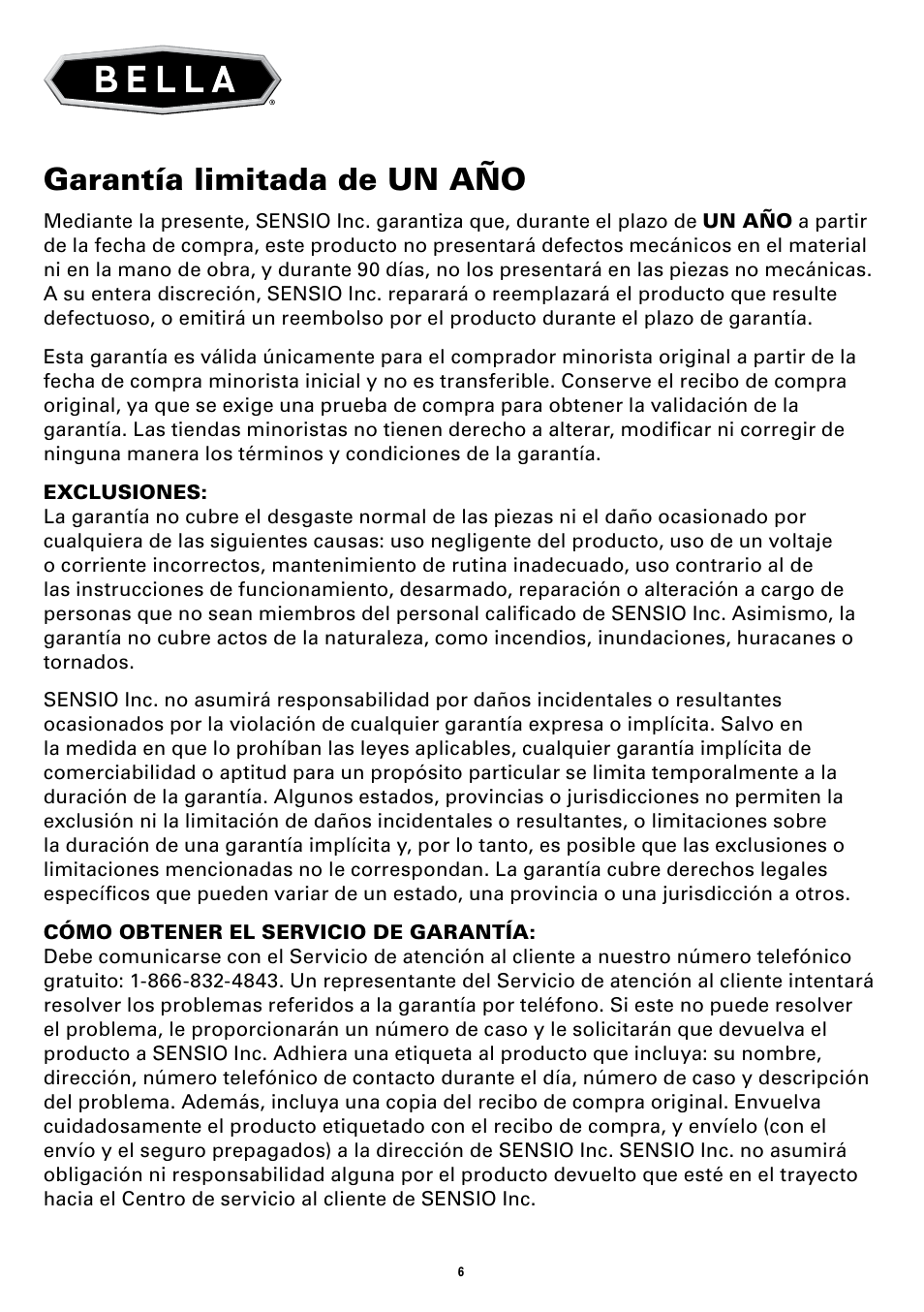 Garantía limitada de un año | BELLA 13873 1.5QT Ice Cream Maker User Manual | Page 22 / 24