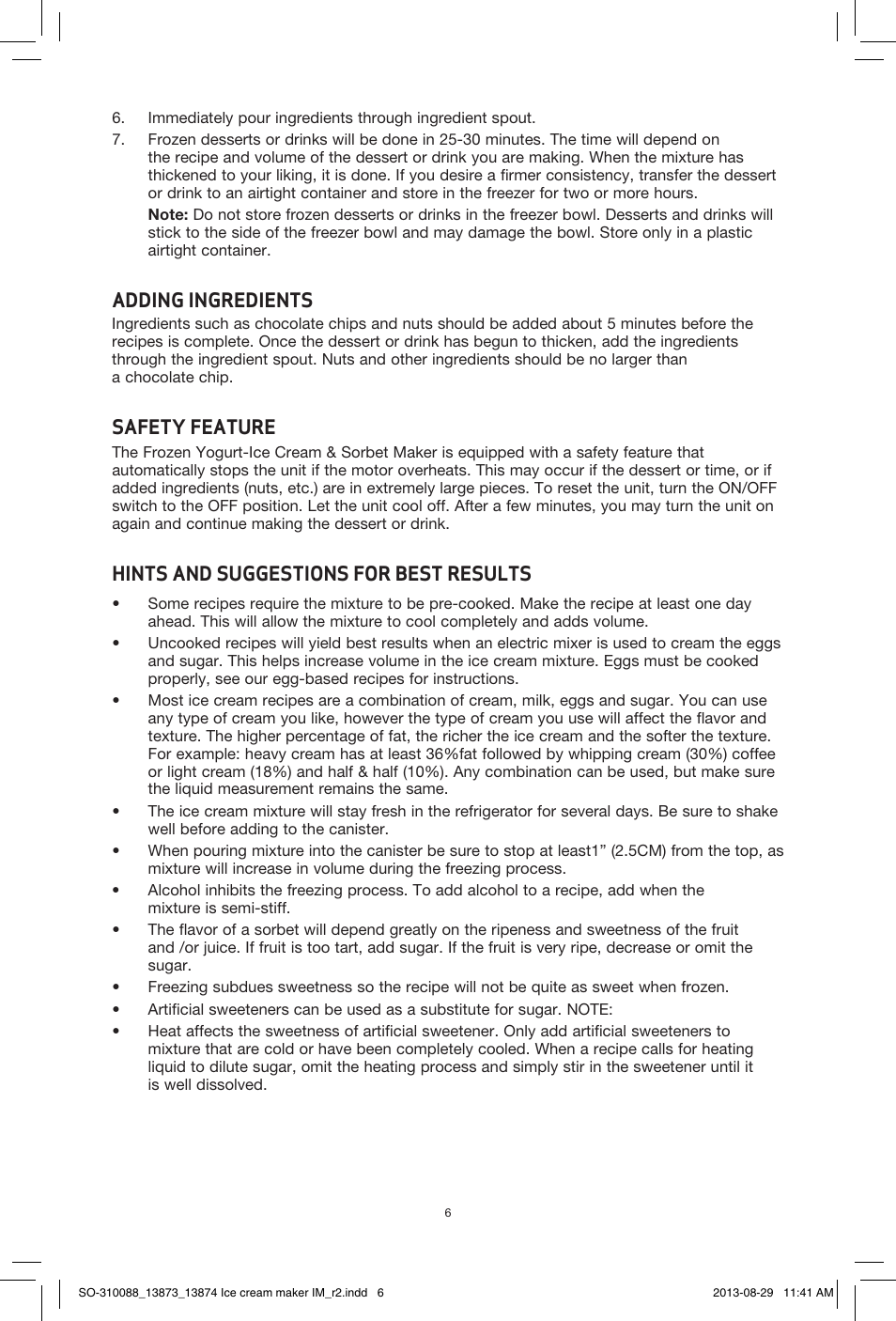 Adding ingredients, Safety feature, Hints and suggestions for best results | BELLA 13873 1.5QT Ice Cream Maker User Manual | Page 8 / 24