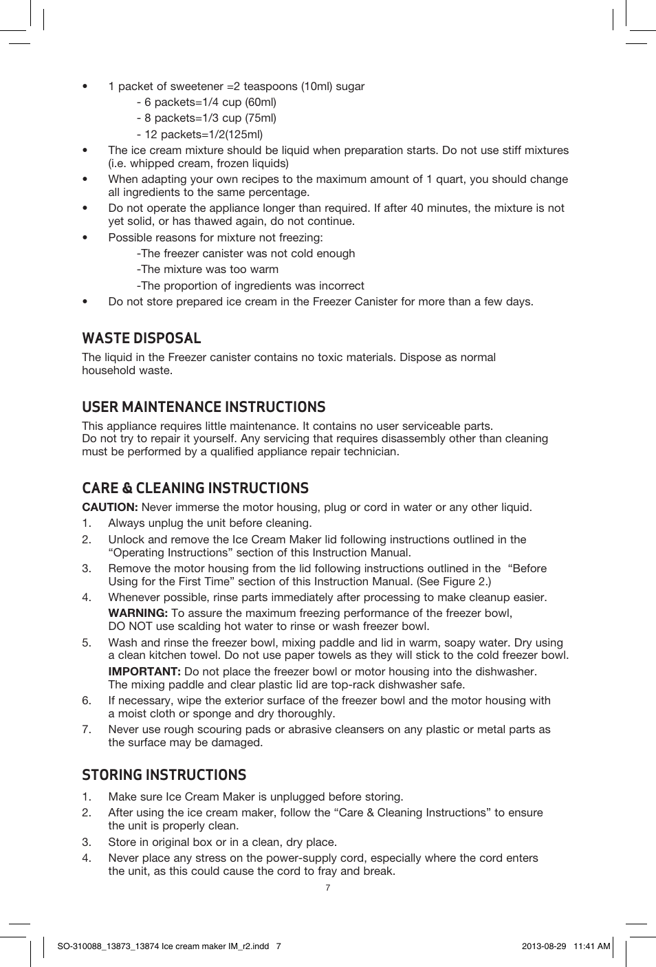 Waste disposal, User maintenance instructions, Care & cleaning instructions | Storing instructions | BELLA 13873 1.5QT Ice Cream Maker User Manual | Page 9 / 24