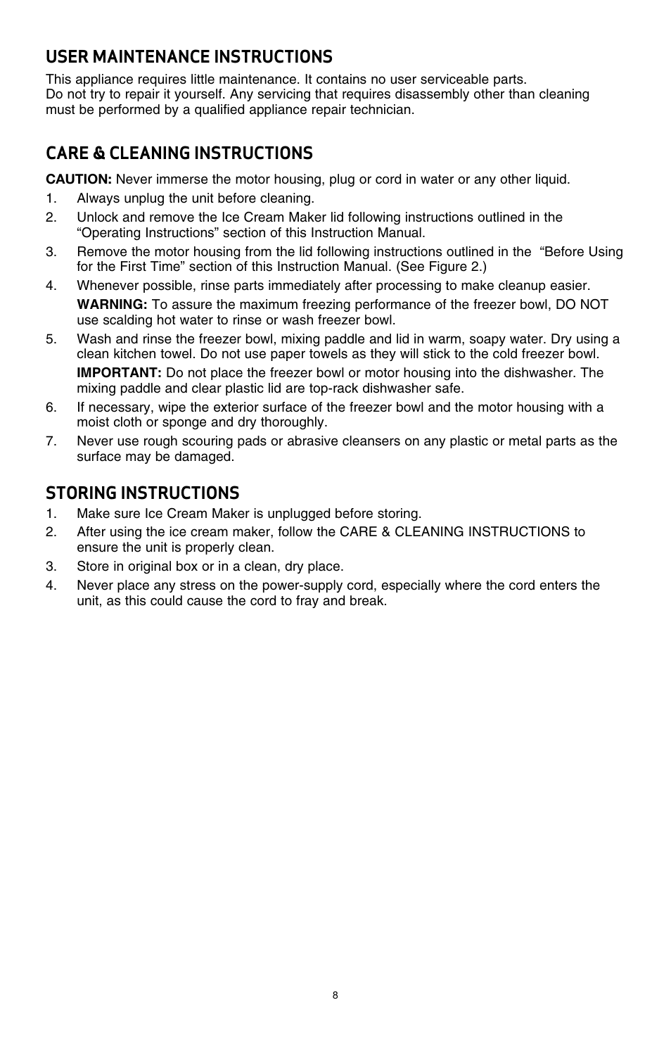 User maintenance instructions, Care & cleaning instructions, Storing instructions | BELLA 13638 1 Liter Ice Cream Maker User Manual | Page 10 / 32