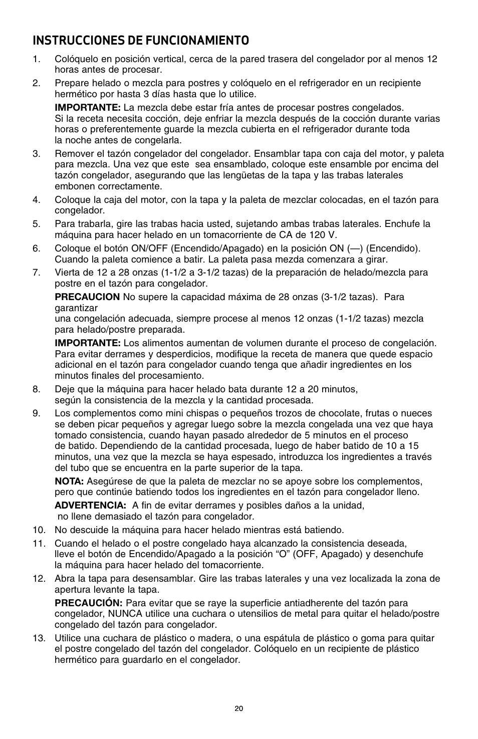 Instrucciones de funcionamiento | BELLA 13638 1 Liter Ice Cream Maker User Manual | Page 21 / 32