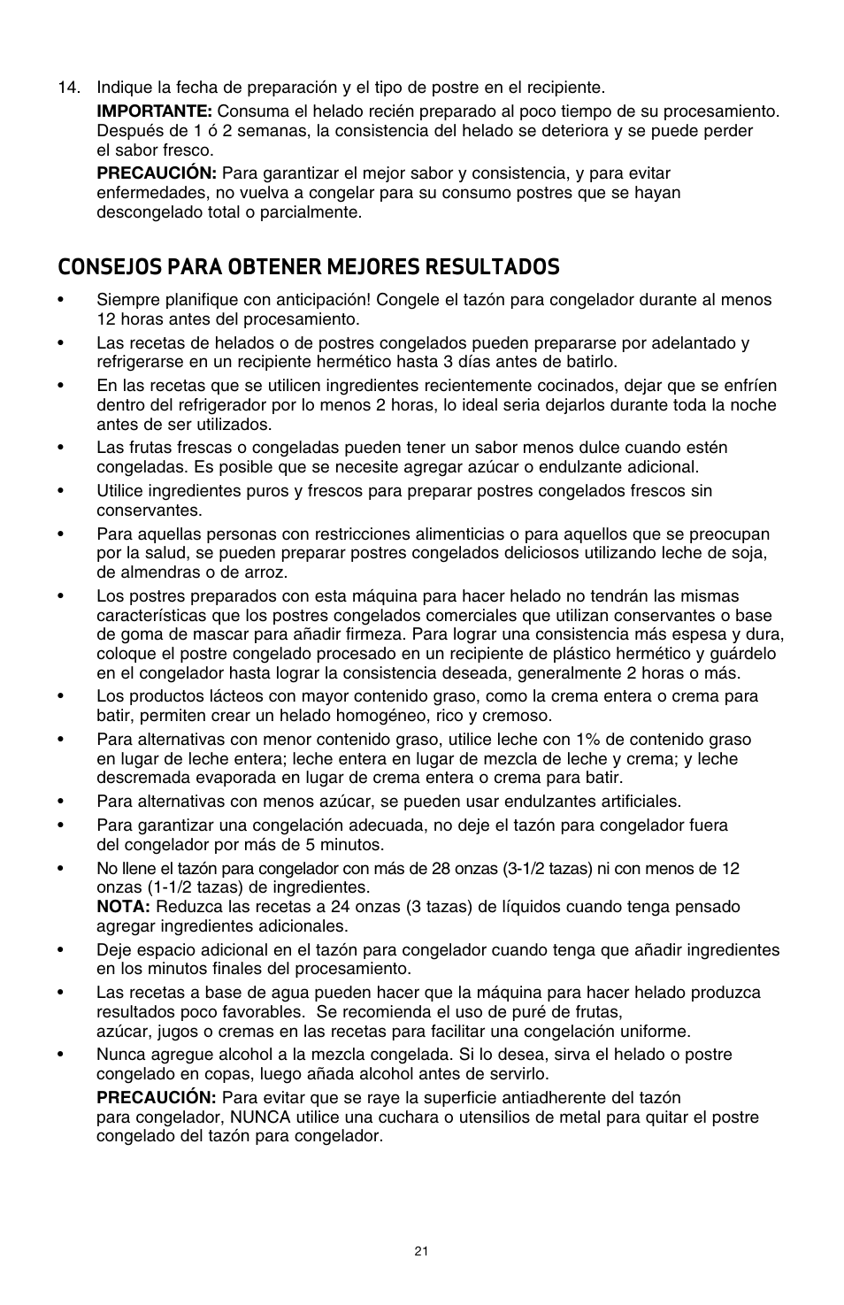 Consejos para obtener mejores resultados | BELLA 13638 1 Liter Ice Cream Maker User Manual | Page 22 / 32