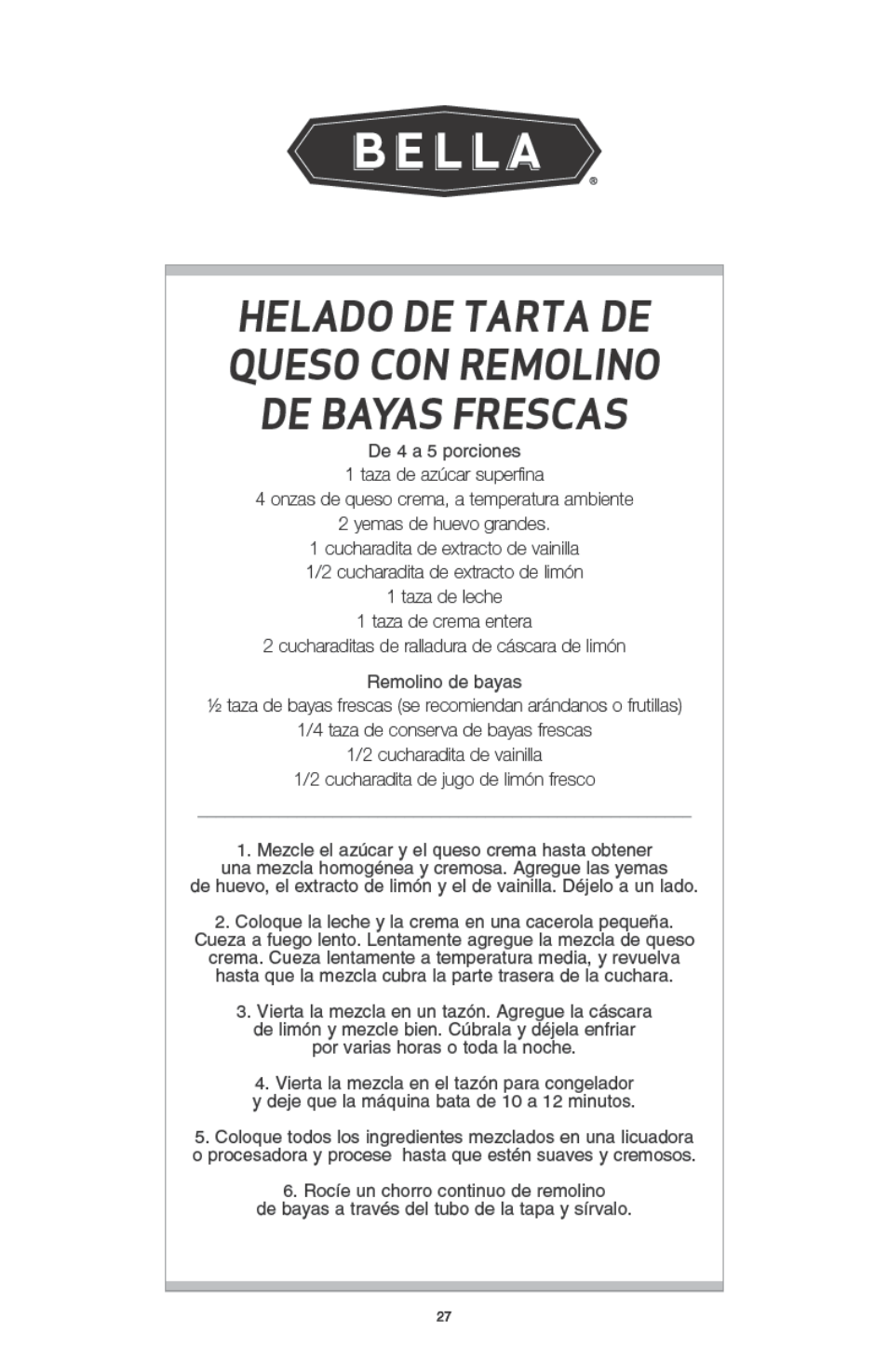BELLA 13638 1 Liter Ice Cream Maker User Manual | Page 28 / 32