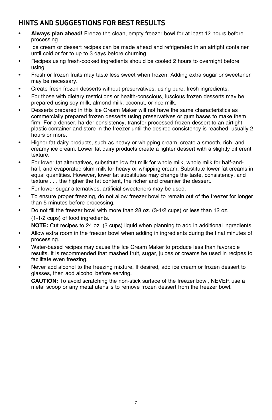 Hints and suggestions for best results | BELLA 13638 1 Liter Ice Cream Maker User Manual | Page 9 / 32