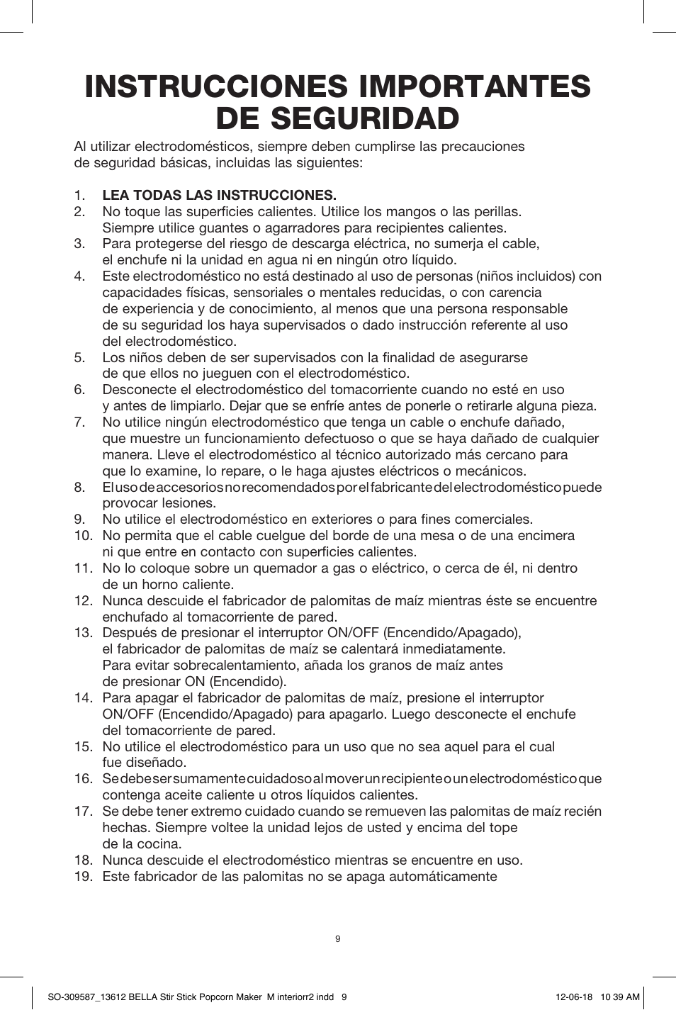 Instrucciones importantes de seguridad | BELLA 13553 Stir Stick Popcorn Maker User Manual | Page 11 / 20