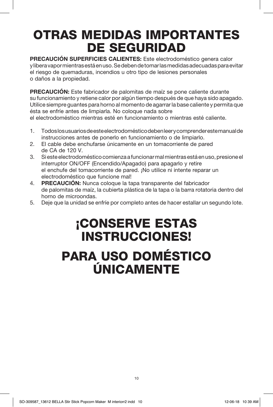 Otras medidas importantes de seguridad | BELLA 13553 Stir Stick Popcorn Maker User Manual | Page 12 / 20