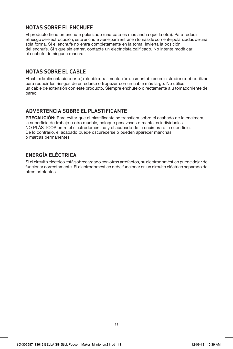 Notas sobre el enchufe, Notas sobre el cable, Advertencia sobre el plastificante | Energía eléctrica | BELLA 13553 Stir Stick Popcorn Maker User Manual | Page 13 / 20