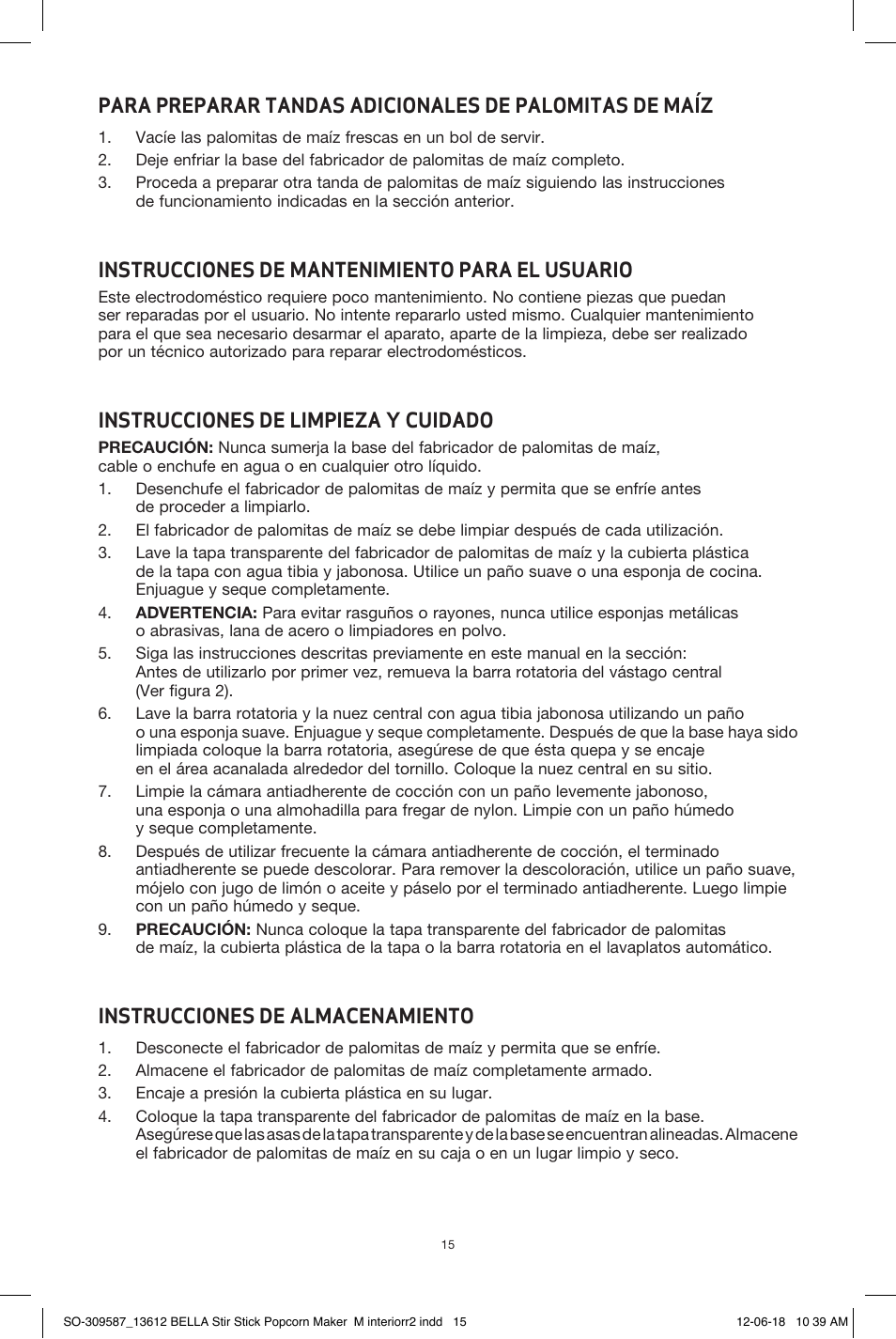 Instrucciones de mantenimiento para el usuario, Instrucciones de limpieza y cuidado, Instrucciones de almacenamiento | BELLA 13553 Stir Stick Popcorn Maker User Manual | Page 17 / 20