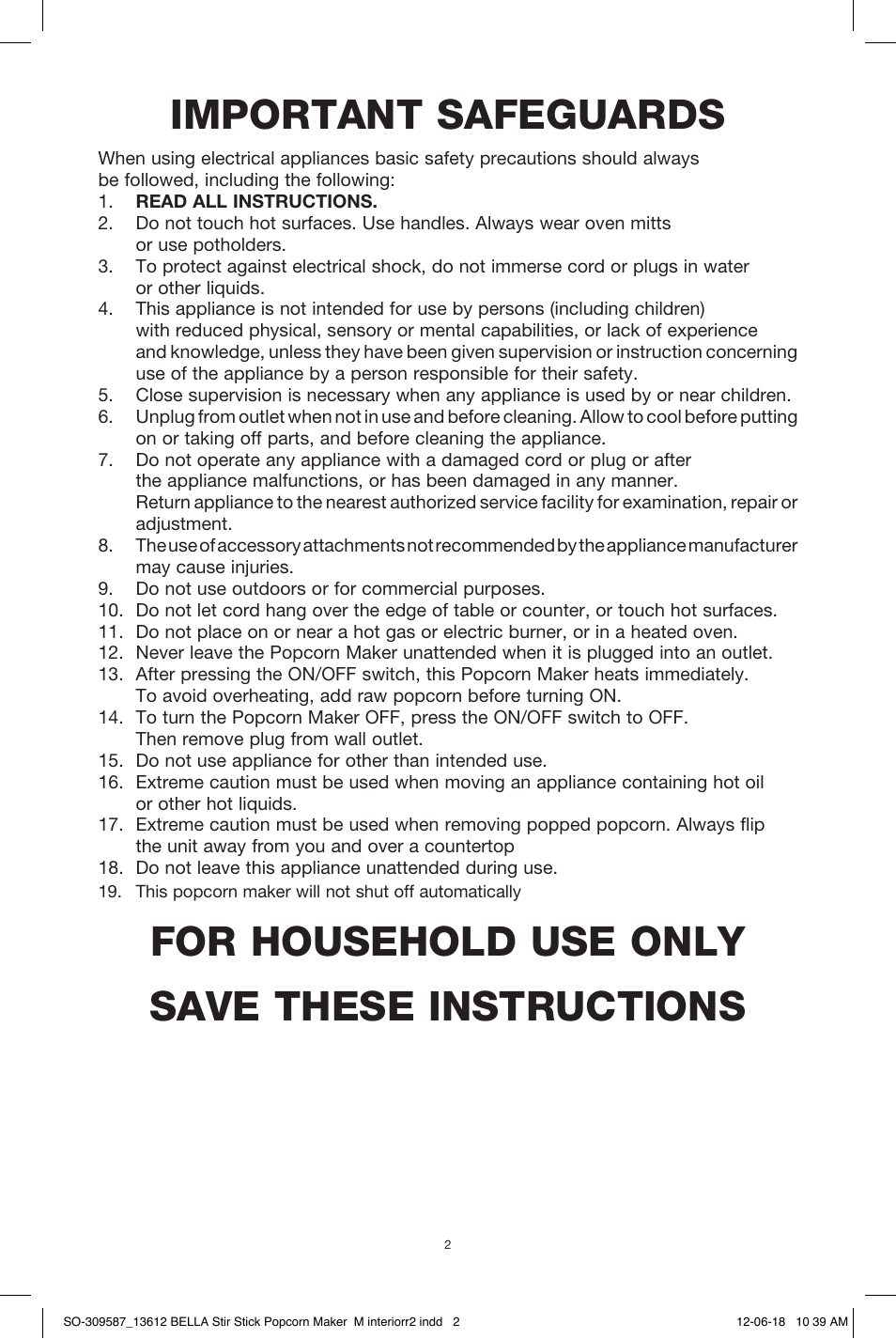 Important safeguards, For household use only save these instructions | BELLA 13553 Stir Stick Popcorn Maker User Manual | Page 4 / 20