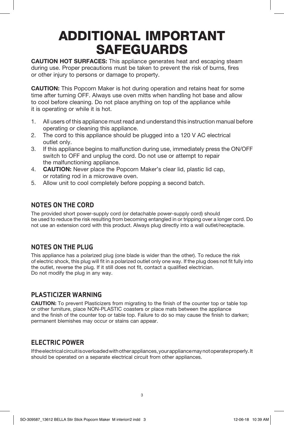 Additional important safeguards | BELLA 13553 Stir Stick Popcorn Maker User Manual | Page 5 / 20