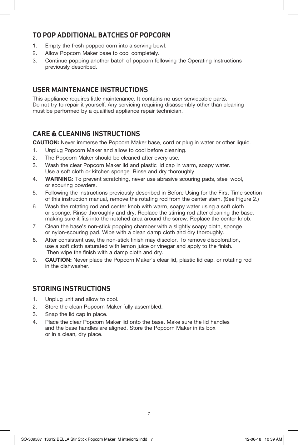 User maintenance instructions, Care & cleaning instructions, Storing instructions | BELLA 13553 Stir Stick Popcorn Maker User Manual | Page 9 / 20