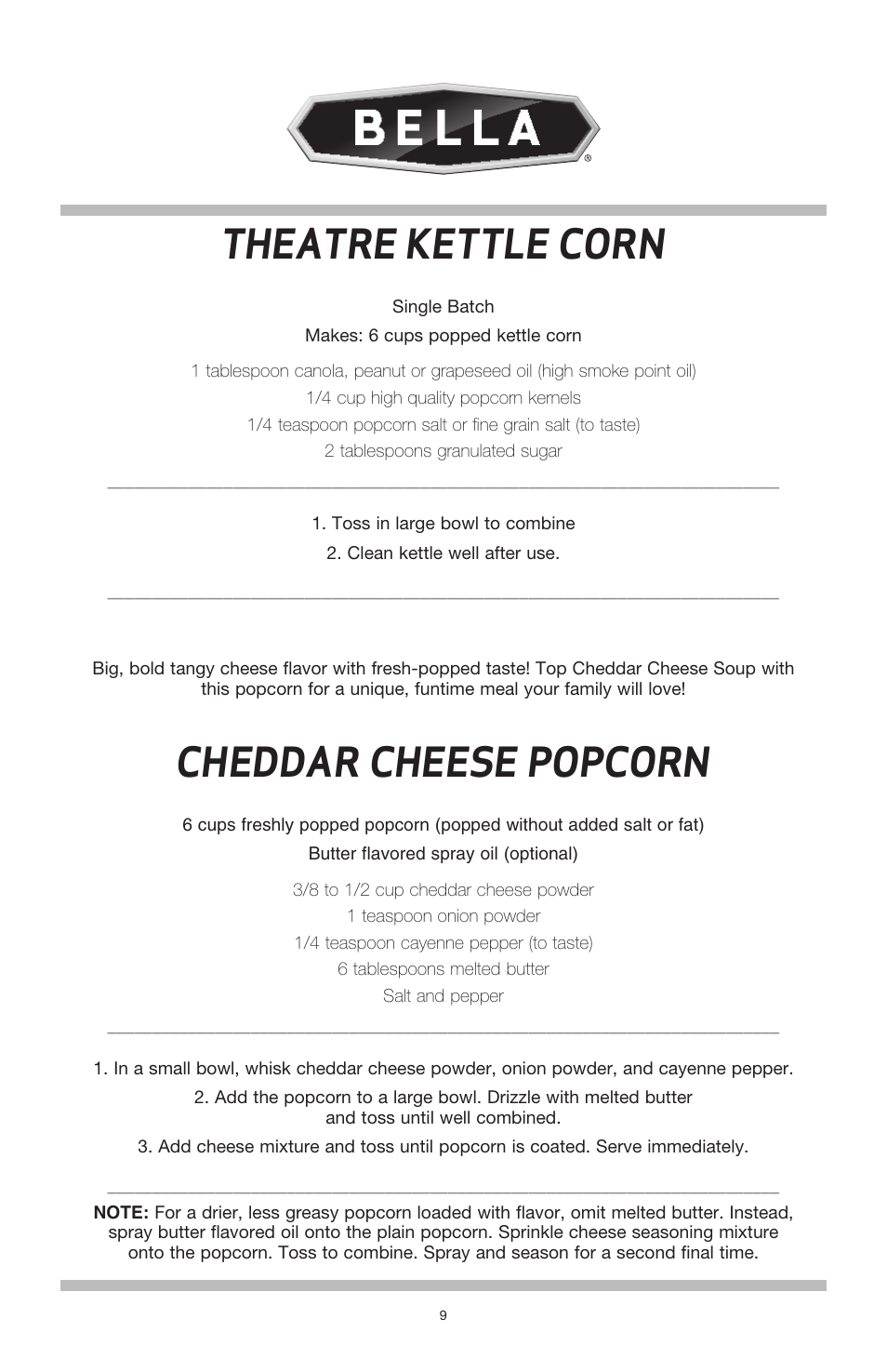 Theatre kettle corn, Cheddar cheese popcorn | BELLA 13566 Theater Popcorn Maker User Manual | Page 11 / 28
