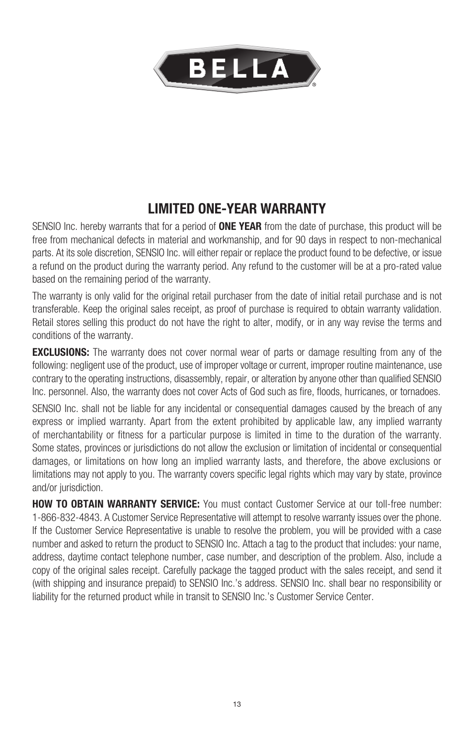 Limited one-year warranty | BELLA 13566 Theater Popcorn Maker User Manual | Page 15 / 28