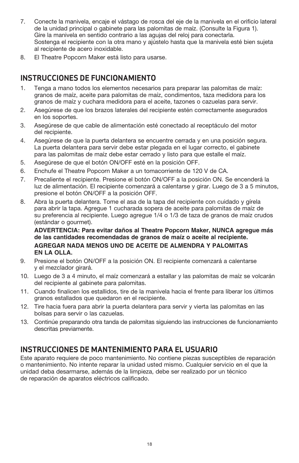 Instrucciones de funcionamiento, Instrucciones de mantenimiento para el usuario | BELLA 13566 Theater Popcorn Maker User Manual | Page 20 / 28