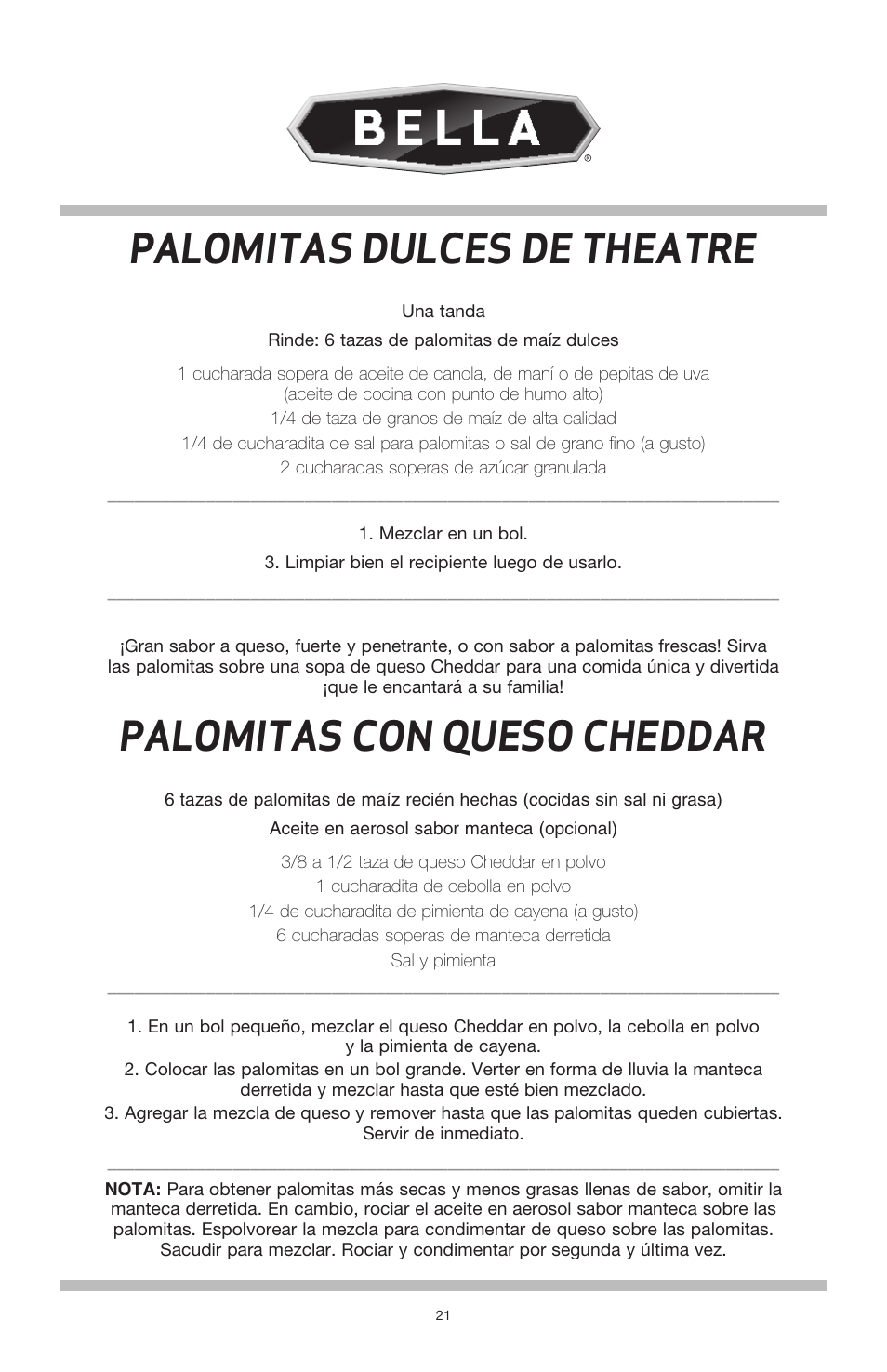 Palomitas dulces de theatre, Palomitas con queso cheddar | BELLA 13566 Theater Popcorn Maker User Manual | Page 23 / 28