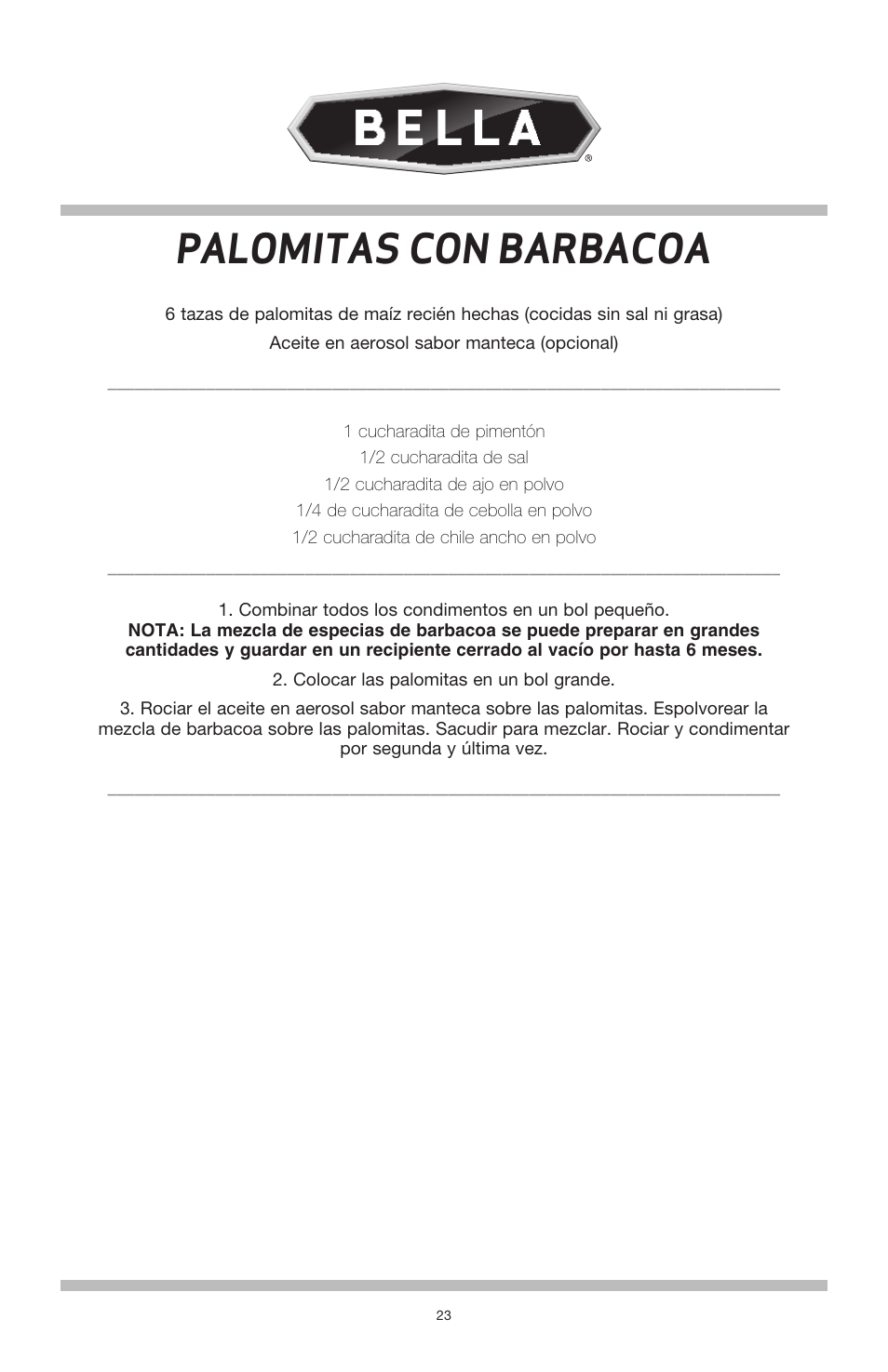 Palomitas con barbacoa | BELLA 13566 Theater Popcorn Maker User Manual | Page 25 / 28