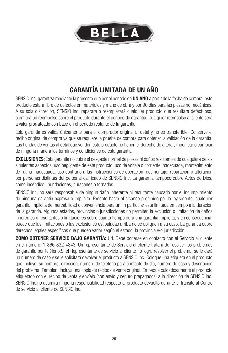 Garantía limitada de un año | BELLA 13566 Theater Popcorn Maker User Manual | Page 27 / 28