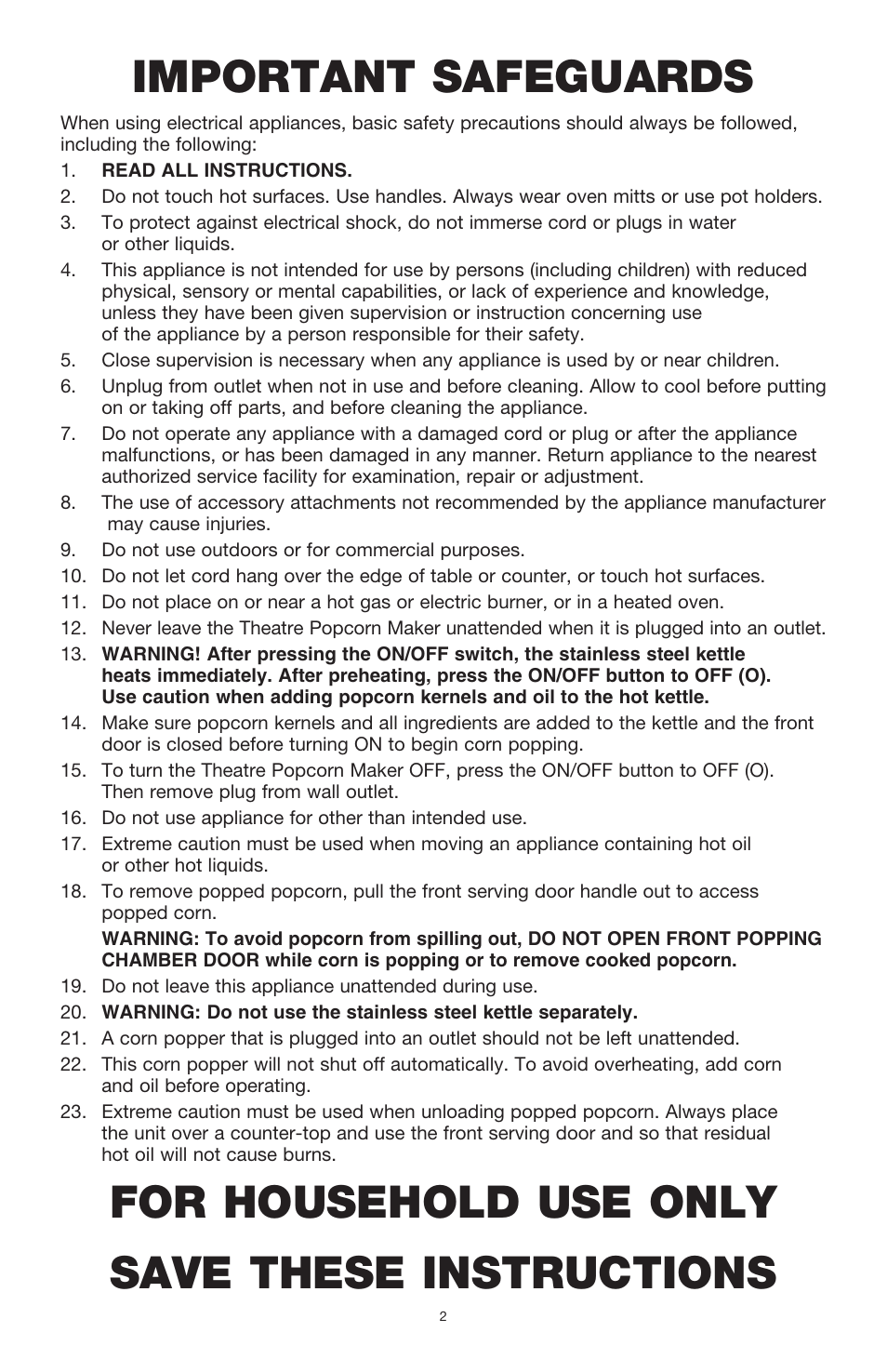 Important safeguards, For household use only save these instructions | BELLA 13566 Theater Popcorn Maker User Manual | Page 4 / 28