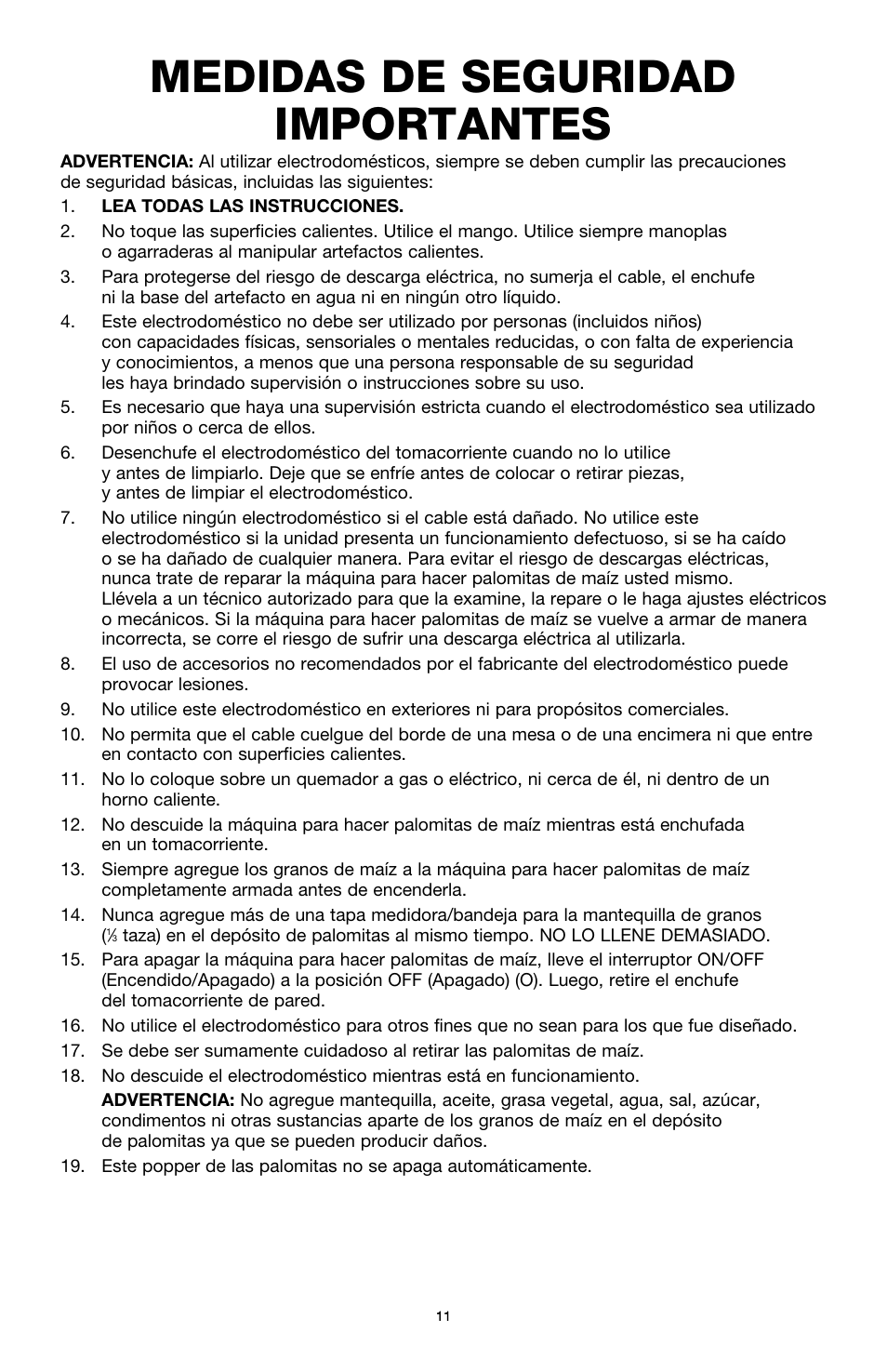 Medidas de seguridad importantes | BELLA 13554 Hot Air Popcorn Maker User Manual | Page 12 / 21