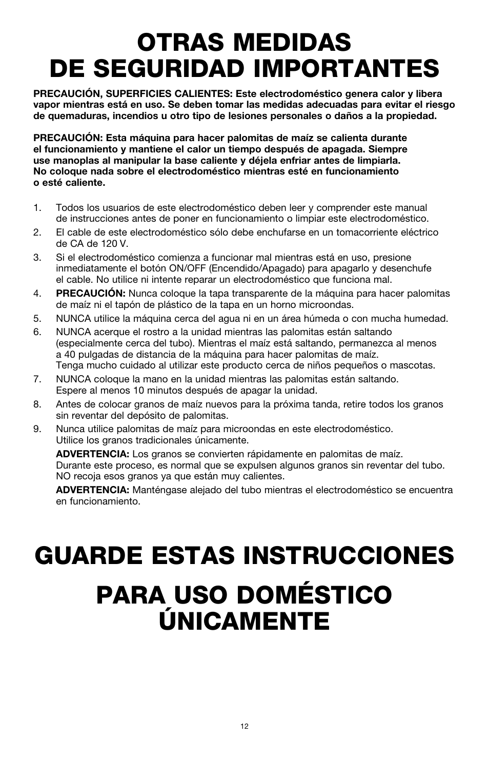 Otras medidas de seguridad importantes | BELLA 13554 Hot Air Popcorn Maker User Manual | Page 13 / 21
