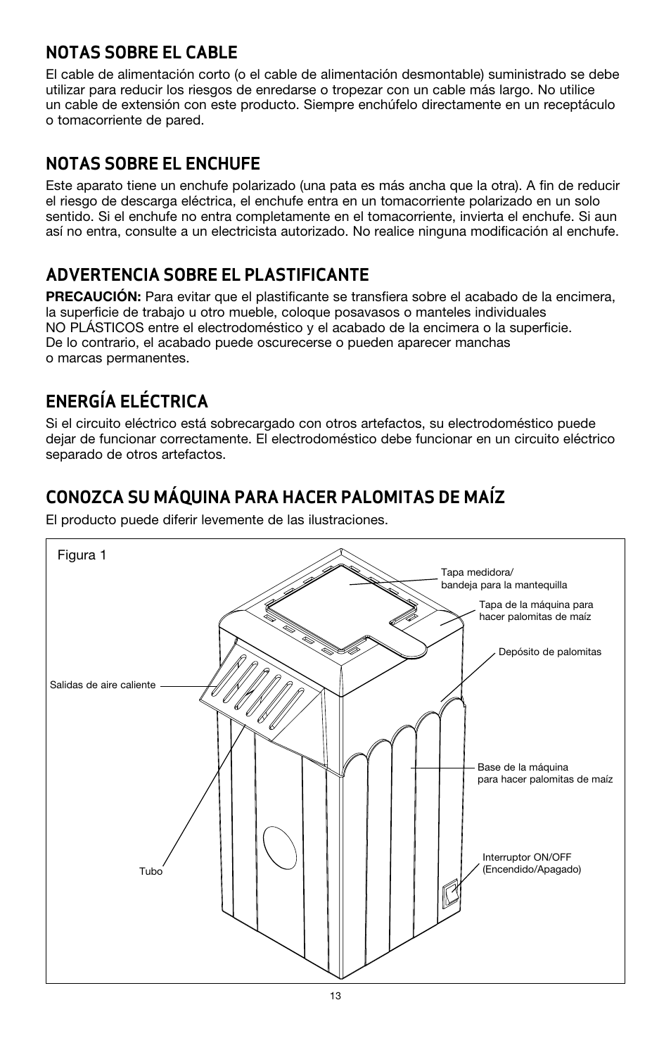 Notas sobre el cable, Notas sobre el enchufe, Advertencia sobre el plastificante | Energía eléctrica, Conozca su máquina para hacer palomitas de maíz | BELLA 13554 Hot Air Popcorn Maker User Manual | Page 14 / 21