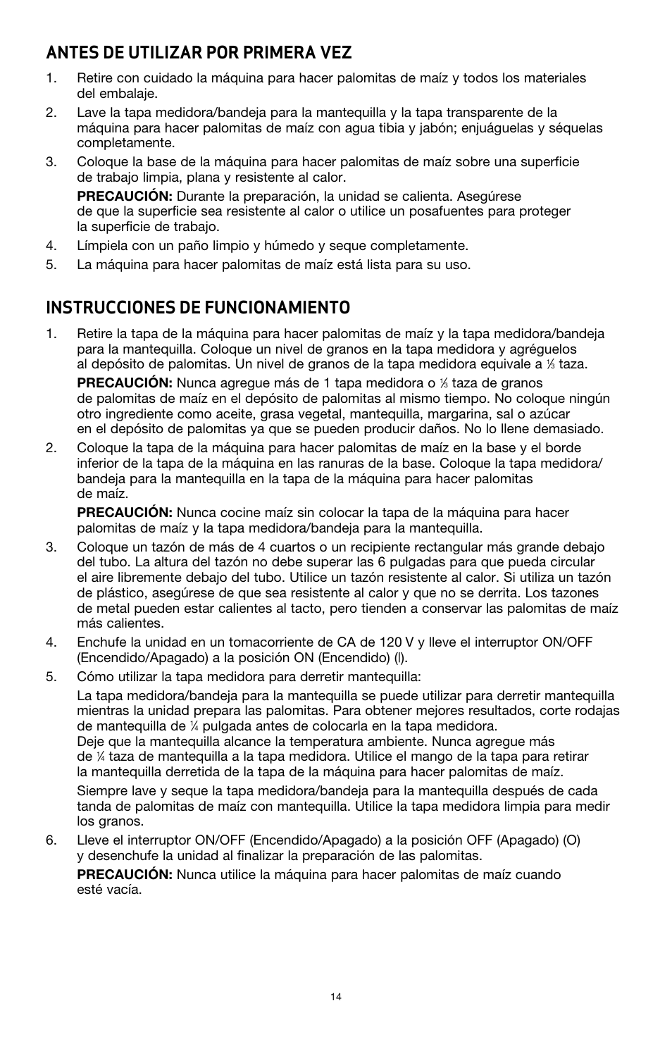 Antes de utilizar por primera vez, Instrucciones de funcionamiento | BELLA 13554 Hot Air Popcorn Maker User Manual | Page 15 / 21