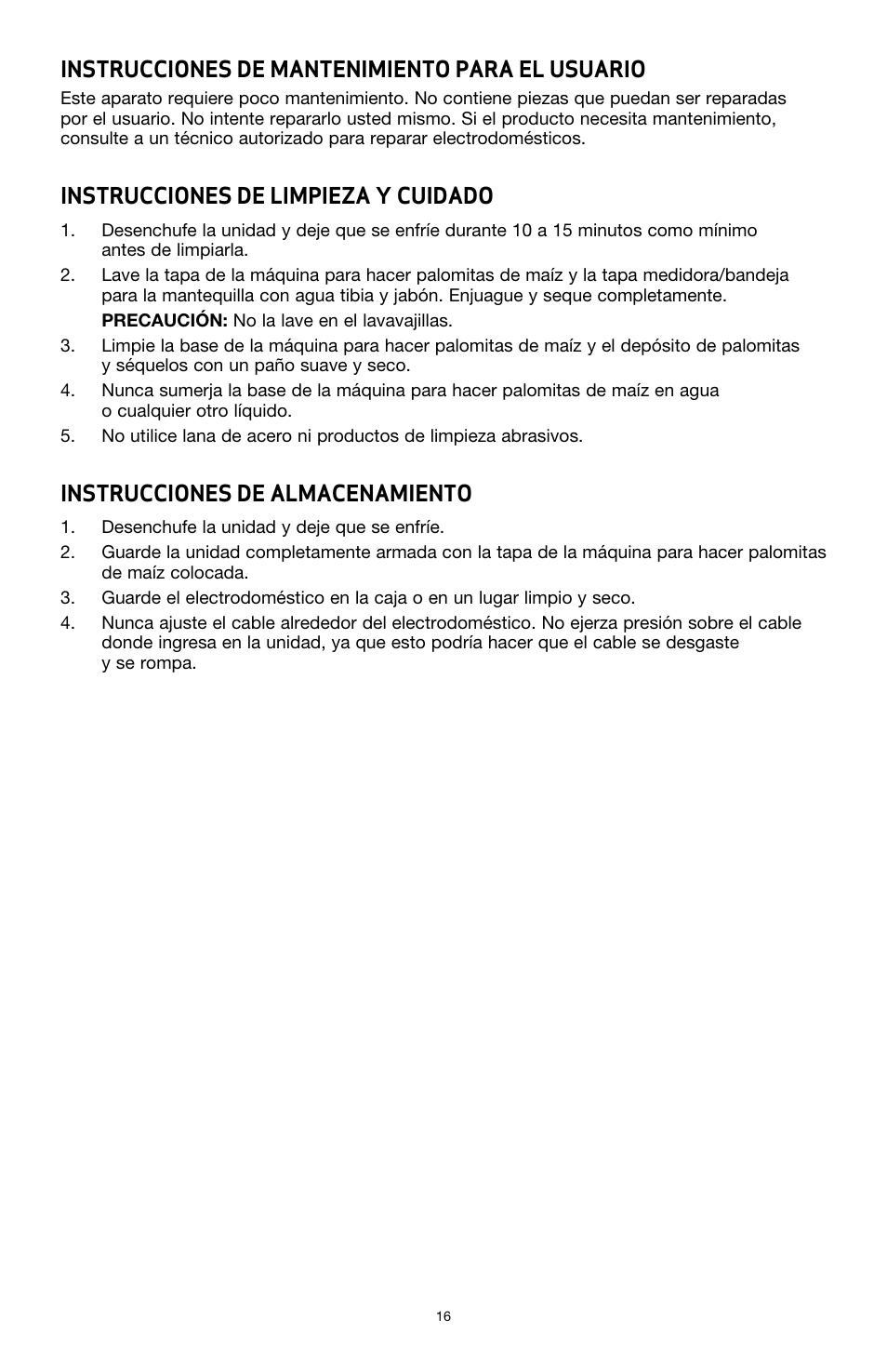 Instrucciones de mantenimiento para el usuario, Instrucciones de limpieza y cuidado, Instrucciones de almacenamiento | BELLA 13554 Hot Air Popcorn Maker User Manual | Page 17 / 21