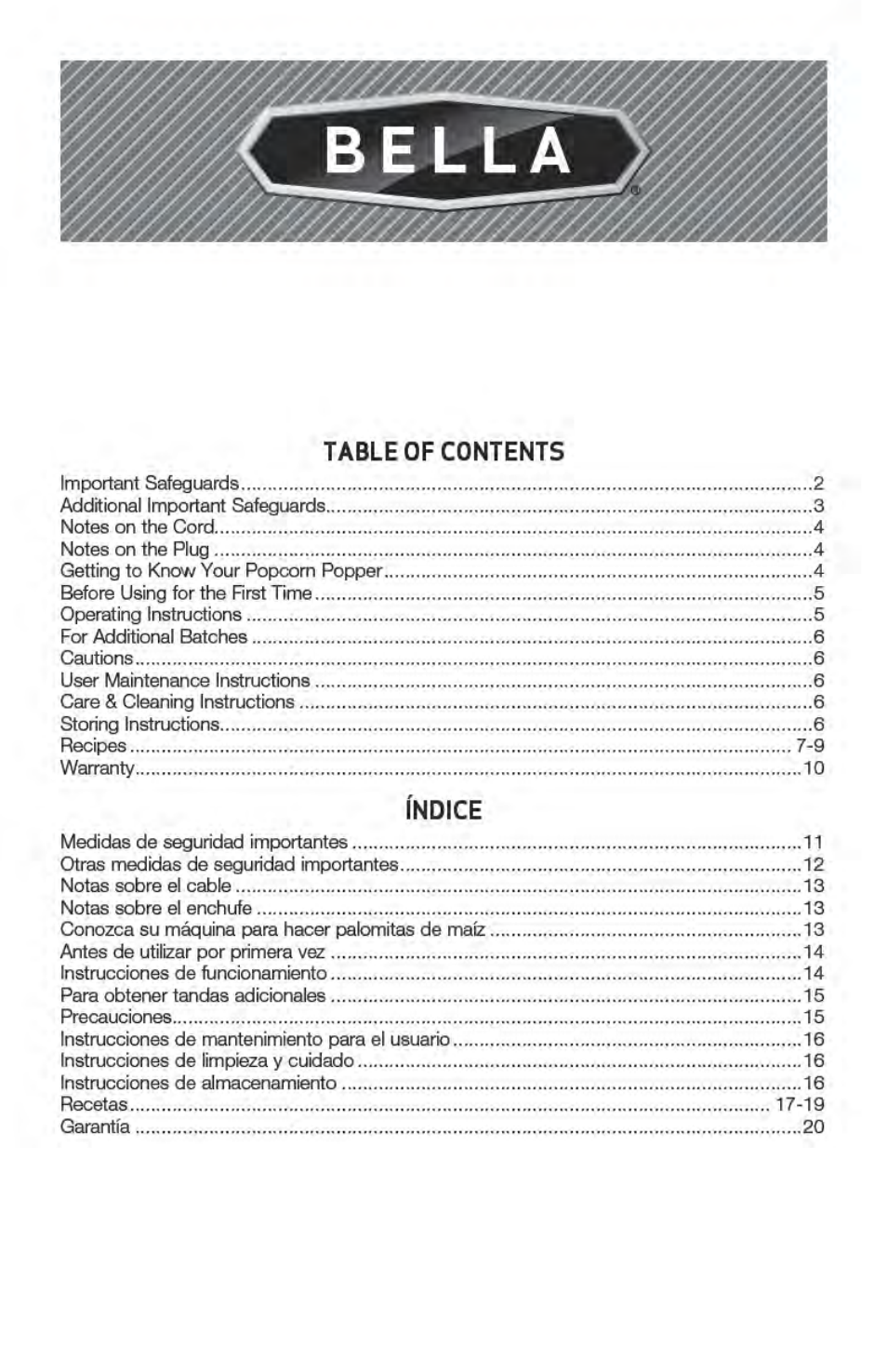 BELLA 13554 Hot Air Popcorn Maker User Manual | Page 2 / 21