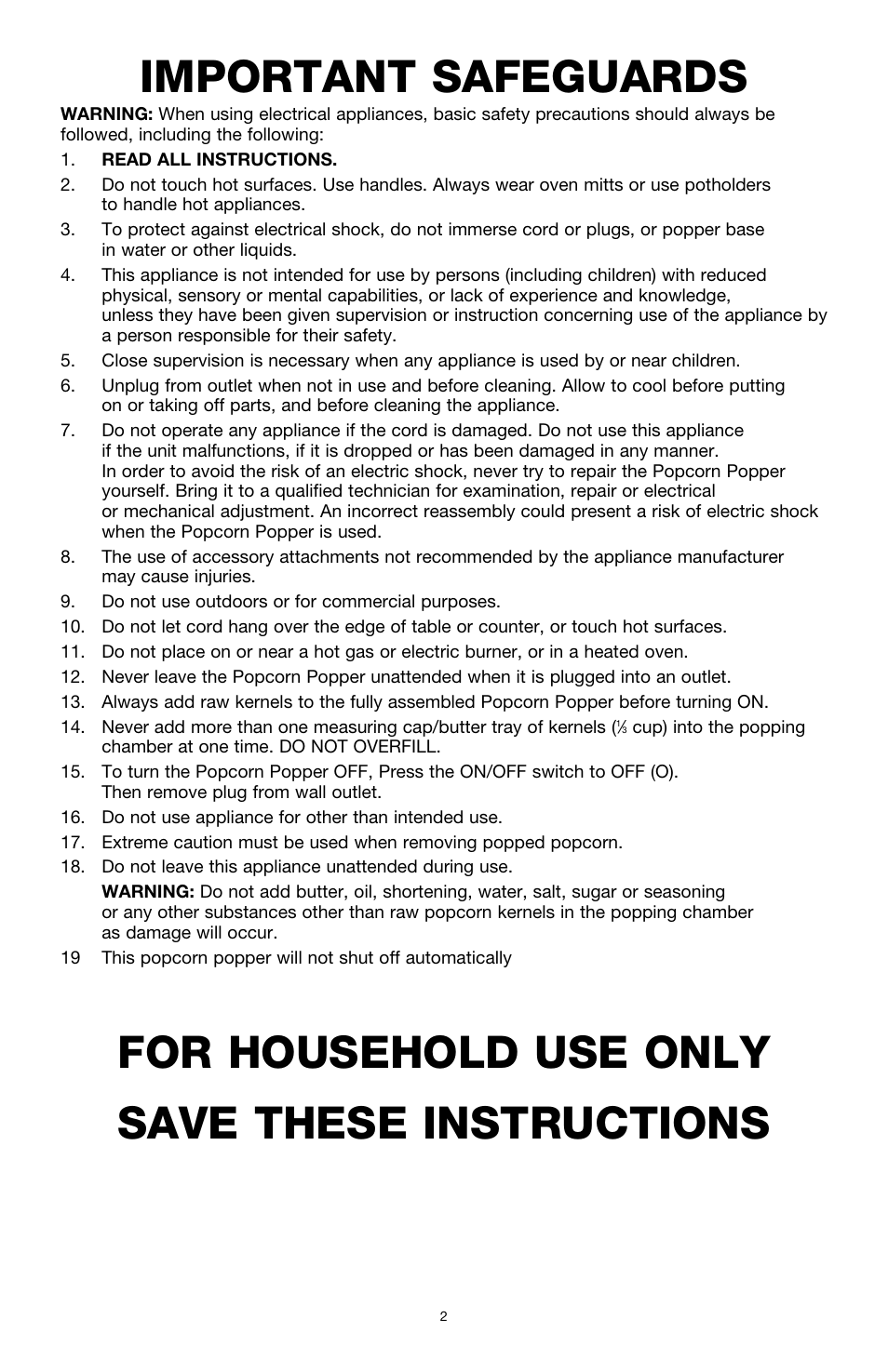 Important safeguards, For household use only save these instructions | BELLA 13554 Hot Air Popcorn Maker User Manual | Page 3 / 21