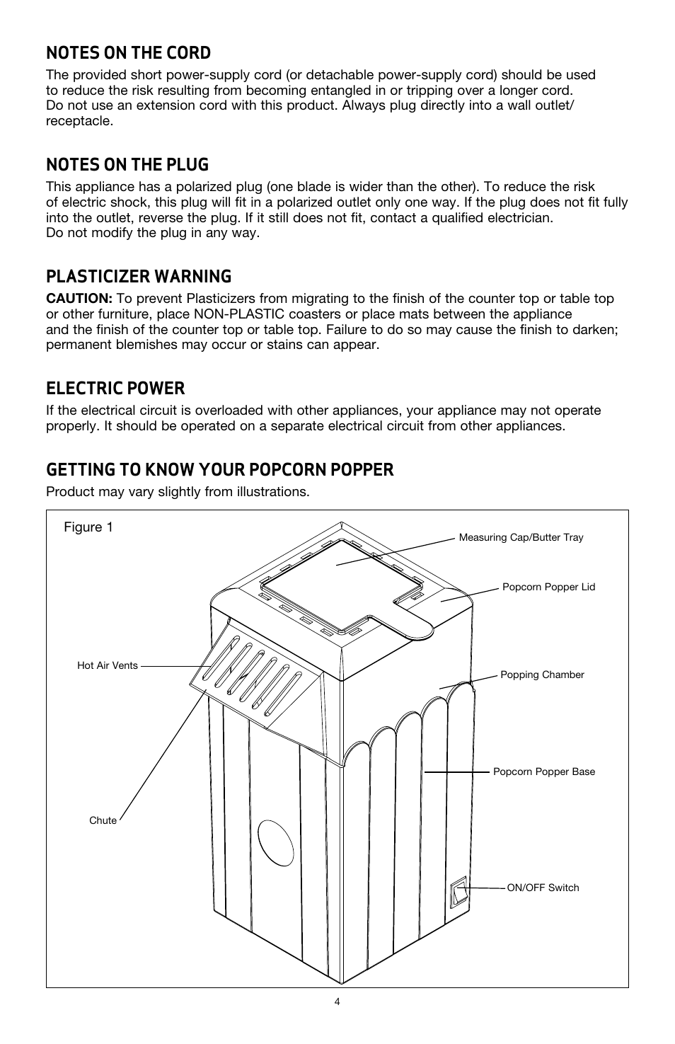 Plasticizer warning, Electric power, Getting to know your popcorn popper | BELLA 13554 Hot Air Popcorn Maker User Manual | Page 5 / 21