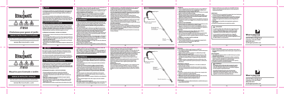 Jt850, Chalumeau pour gazon et jardin, Maçarico para gramado e jardim | Manuel d’instructions et d’utilisation, Manual de instruções e operação | BernzOmatic JT850 User Manual | Page 2 / 2