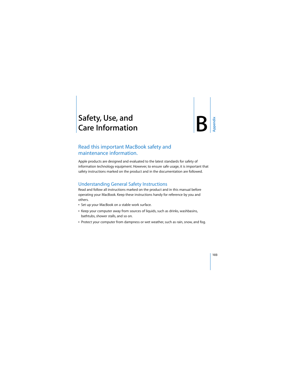 Safety, use, and careinformation, Understanding general safety instructions, Safety, use, and care information | Apple MACBOOK User Manual | Page 103 / 138