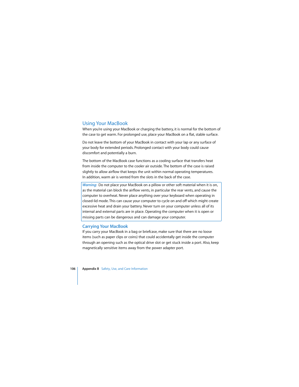 Using your macbook, Carrying your macbook | Apple MACBOOK User Manual | Page 106 / 138