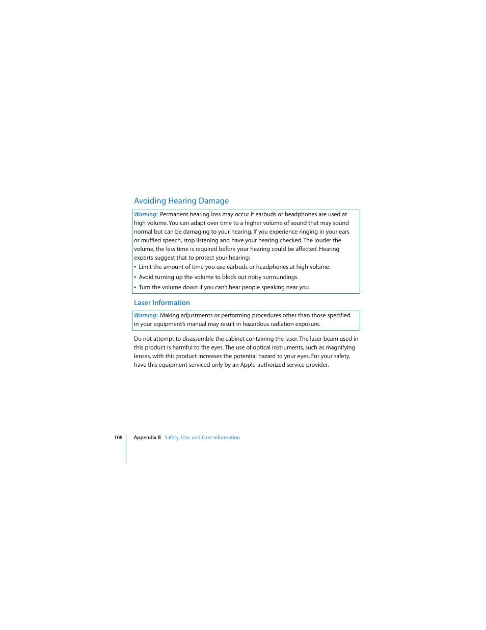 Avoiding hearing damage, Laser information | Apple MACBOOK User Manual | Page 108 / 138