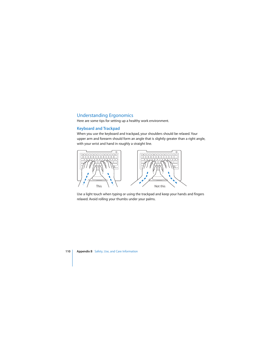 Understanding ergonomics, Keyboard and trackpad | Apple MACBOOK User Manual | Page 110 / 138