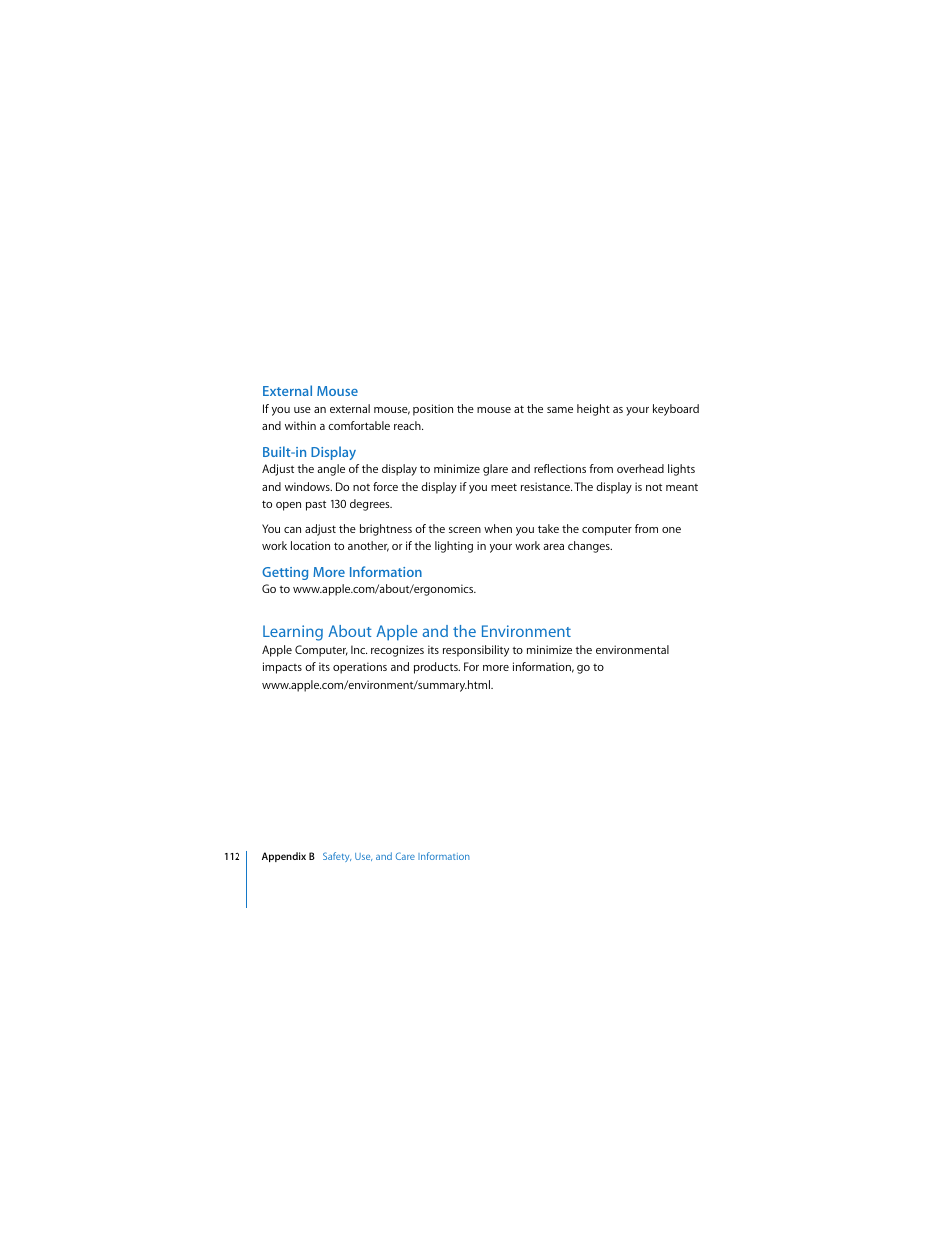 External mouse, Built-in display, Getting more information | Learning about apple and the environment | Apple MACBOOK User Manual | Page 112 / 138