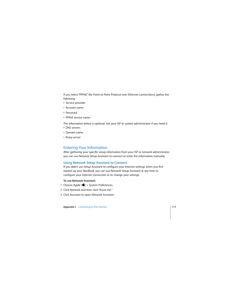 Entering your information, Using network setup assistant to connect | Apple MACBOOK User Manual | Page 117 / 138