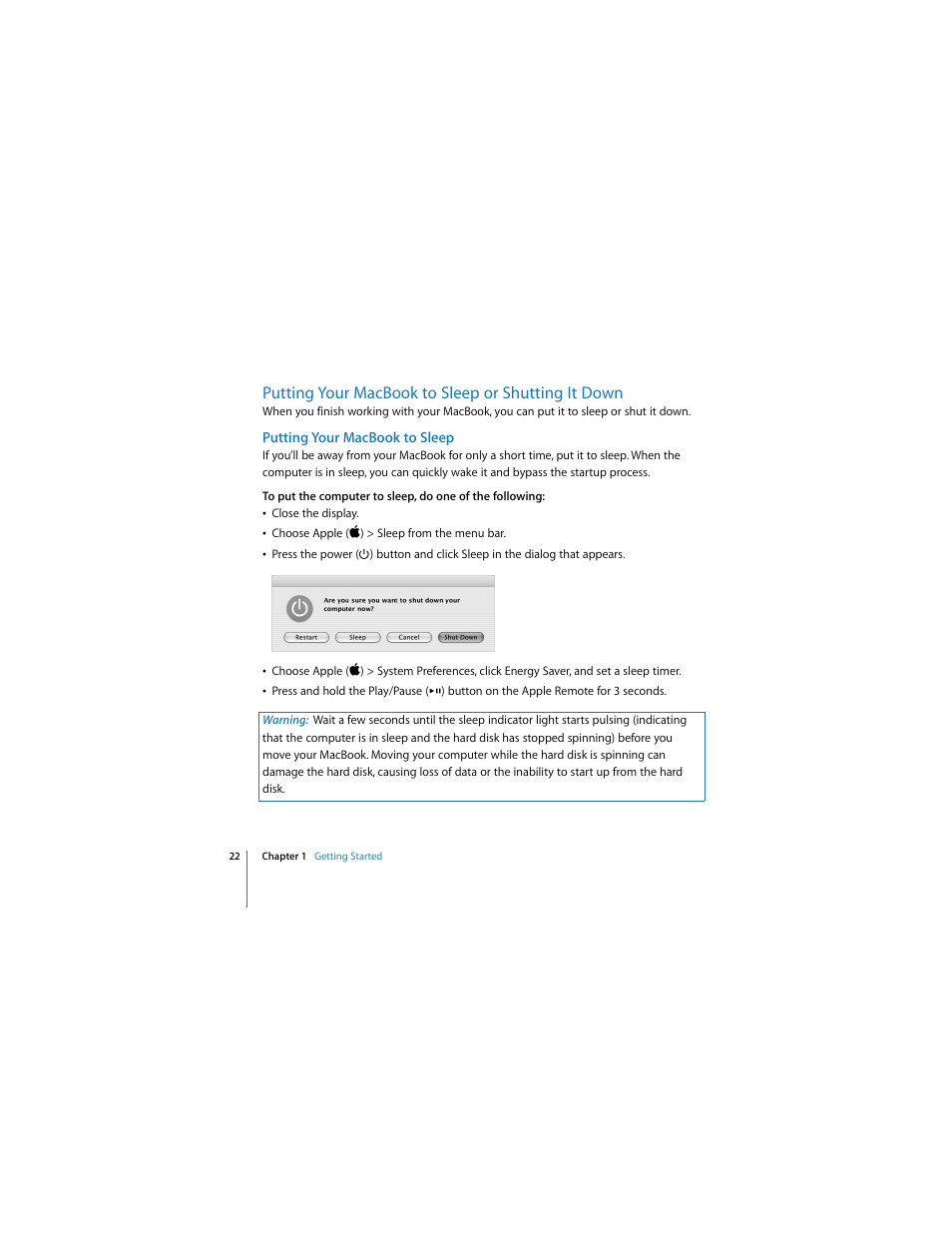 Putting your macbook to sleep or shutting it down, Putting your macbook to sleep | Apple MACBOOK User Manual | Page 22 / 138