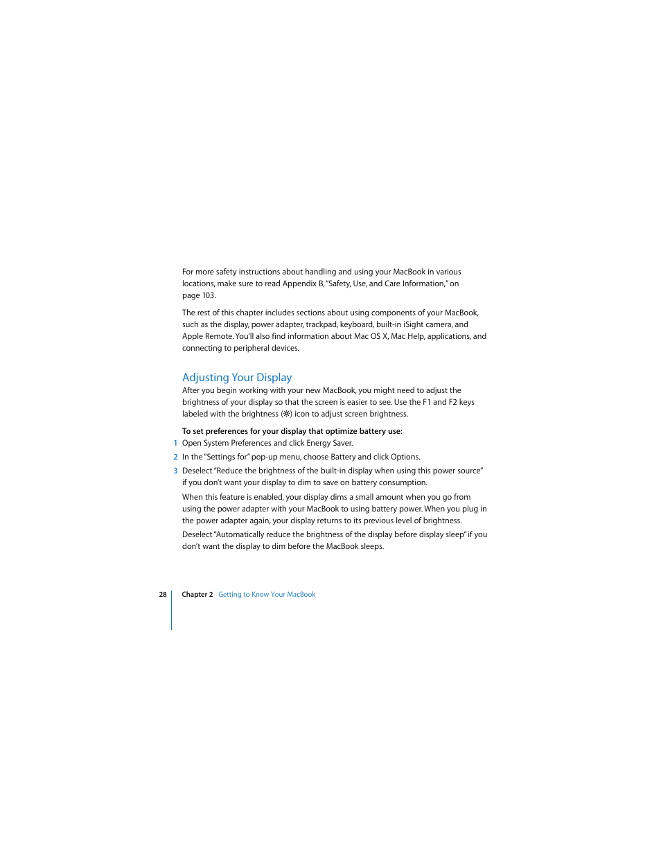 Adjusting your display | Apple MACBOOK User Manual | Page 28 / 138