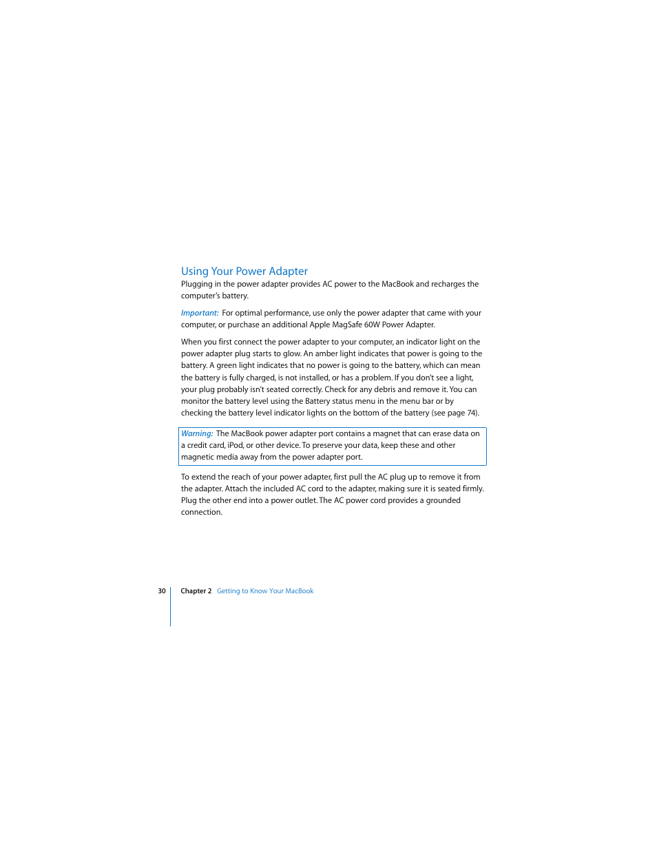 Using your power adapter | Apple MACBOOK User Manual | Page 30 / 138