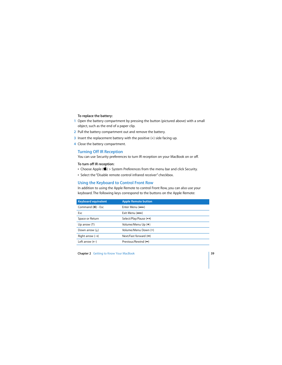 Turning off ir reception, Using the keyboard to control front row | Apple MACBOOK User Manual | Page 39 / 138