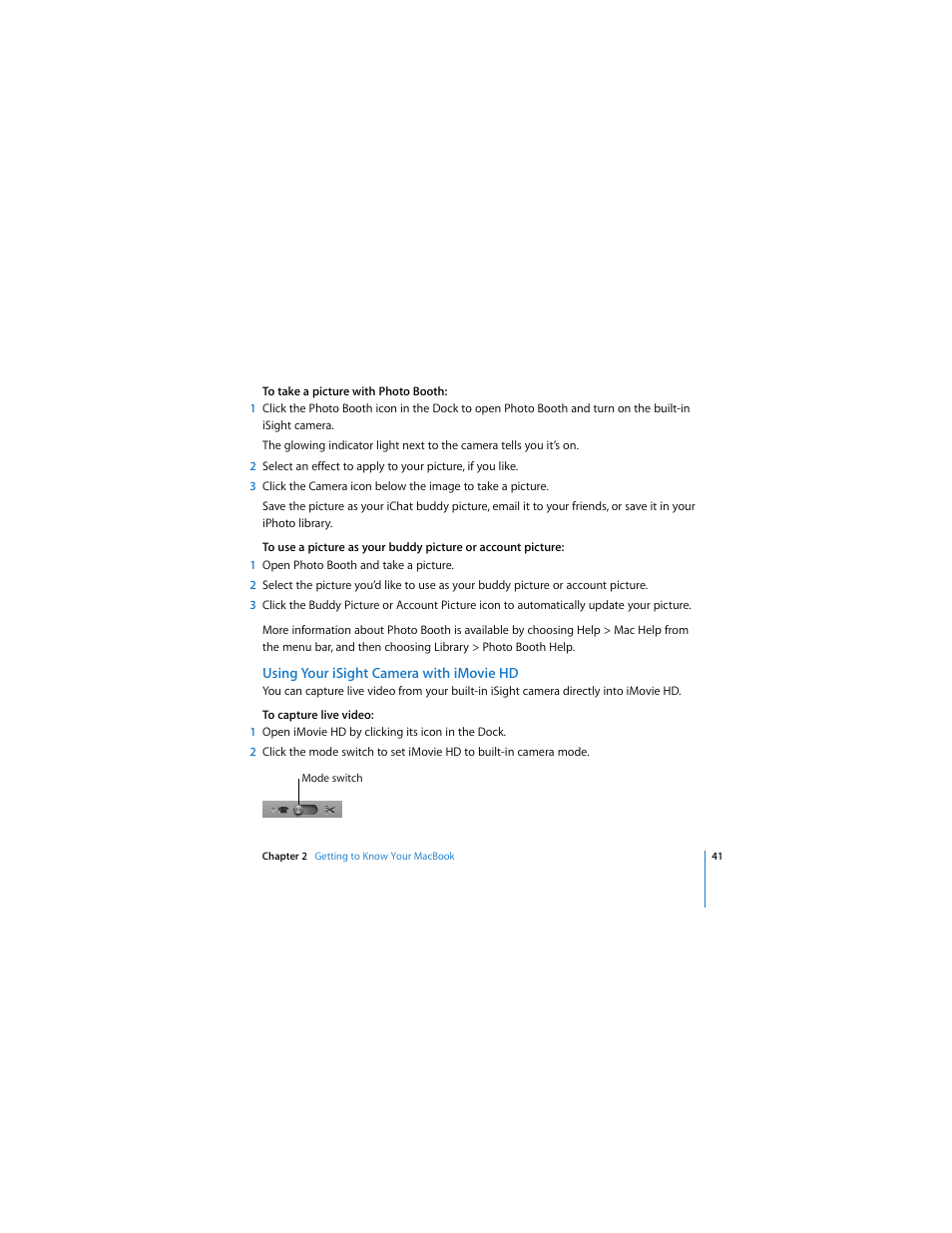 Using your isight camera with imovie hd | Apple MACBOOK User Manual | Page 41 / 138