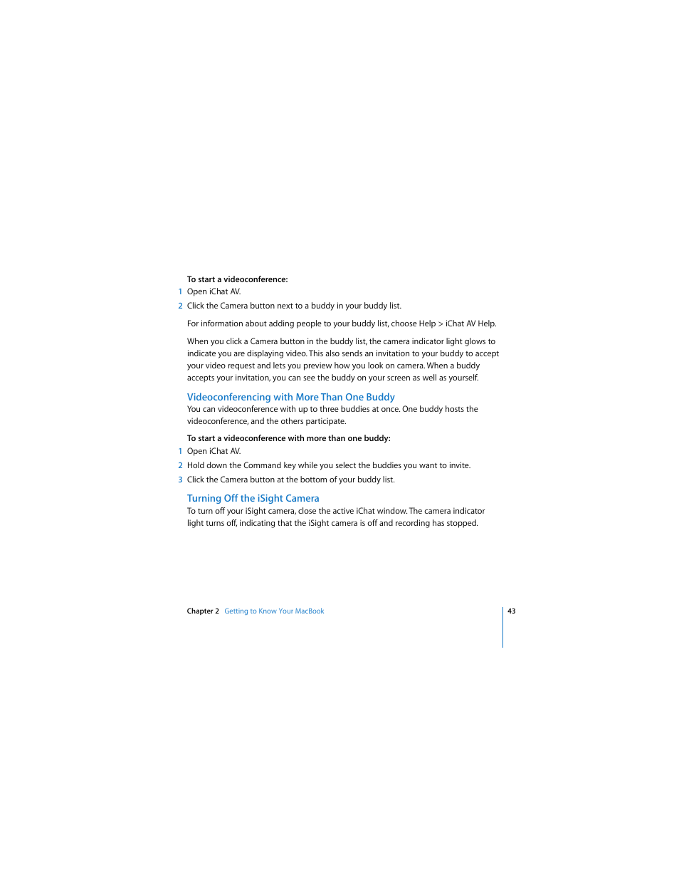 Videoconferencing with more than one buddy, Turning off the isight camera | Apple MACBOOK User Manual | Page 43 / 138