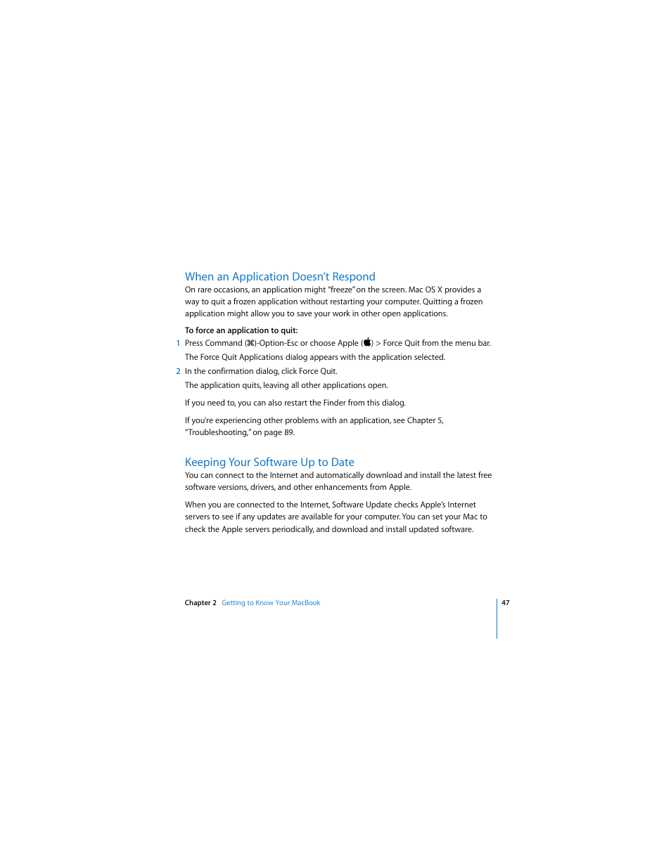 When an application doesn’t respond, Keeping your software up to date | Apple MACBOOK User Manual | Page 47 / 138